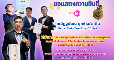 ขอแสดงความยินดีกับนายณัฏฐวัฒน์ ยุทธ์ธนโภคิน นักเรียนระดับชั้นมัธยมศึกษาปีที่ 5/9 ได้รับรางวัลเหรียญทองเเละเกียรติบัตรเหรียญทอง การแข่งขันทักษะดนตรีนักเรียนโรงเรียนนอกระบบ 2567 ประเภทขับร้อง รุ่นอายุ 16 – 25 ปี การแข่งขันทักษะดนตรี ประจำปี 2567 โดย สำนักงานคณะกรรมการส่งเสริมการศึกษาเอกชน (สช.)  เเละ สมาคมโรงเรียนดนตรีเอกชน ณ อาคารสยามปทุมวันเฮาส์ เขตปทุมวัน กรุงเทพมหานคร ระหว่างวันที่ 15 – 17 ตุลาคม 2567