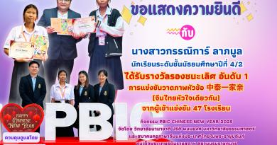 ขอแสดงความยินดีกับนางสาวกรรณิการ์ ลาภมูล นักเรียนระดับชั้นมัธยมศึกษาปีที่ 4/2 ได้รับรางวัลรองชนะเลิศ อันดับ 1 การแข่งขันวาดภาพหัวข้อ 中泰一家亲 (จีนไทยหัวใจเดียวกัน) จากผู้เข้าแข่งขัน 47 โรงเรียน กิจกรรม PBIC Chinese New Year 2025